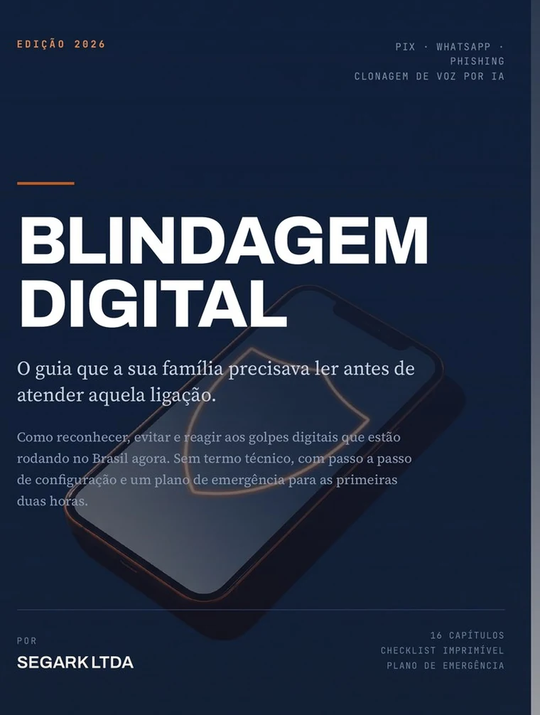 Capa do guia Blindagem Digital, edição 2026, com um celular sobre fundo azul-marinho e um escudo desenhado em laranja.