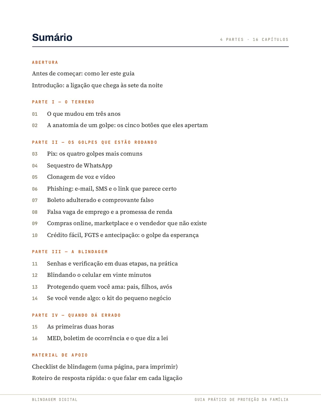 Página do sumário do livro, listando as quatro partes e os dezesseis capítulos.